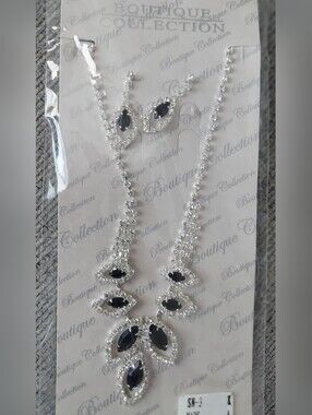 Silver-Tone Necklace Set with Black Marquise Stones
